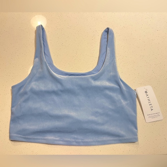 🆕 Athleta | Velvet Cut Out Crop Top in Heron Blue Size Large - Picture 3 of 5